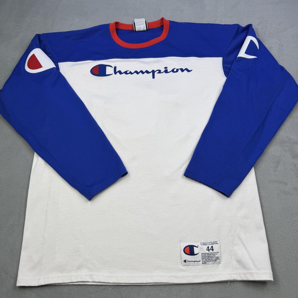 Champion Shirt Mens Large White Blue Long Sleeve 19 Jersey Logo Graphic Tee